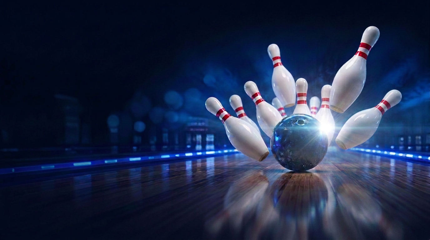 Bowlingová koule sráží kuželky na dráze v modrém osvětlení
